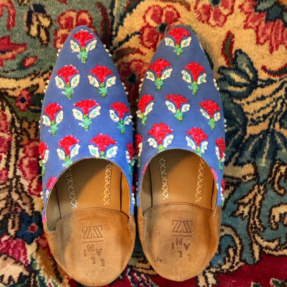 Anthropologie Blue Floral Mules